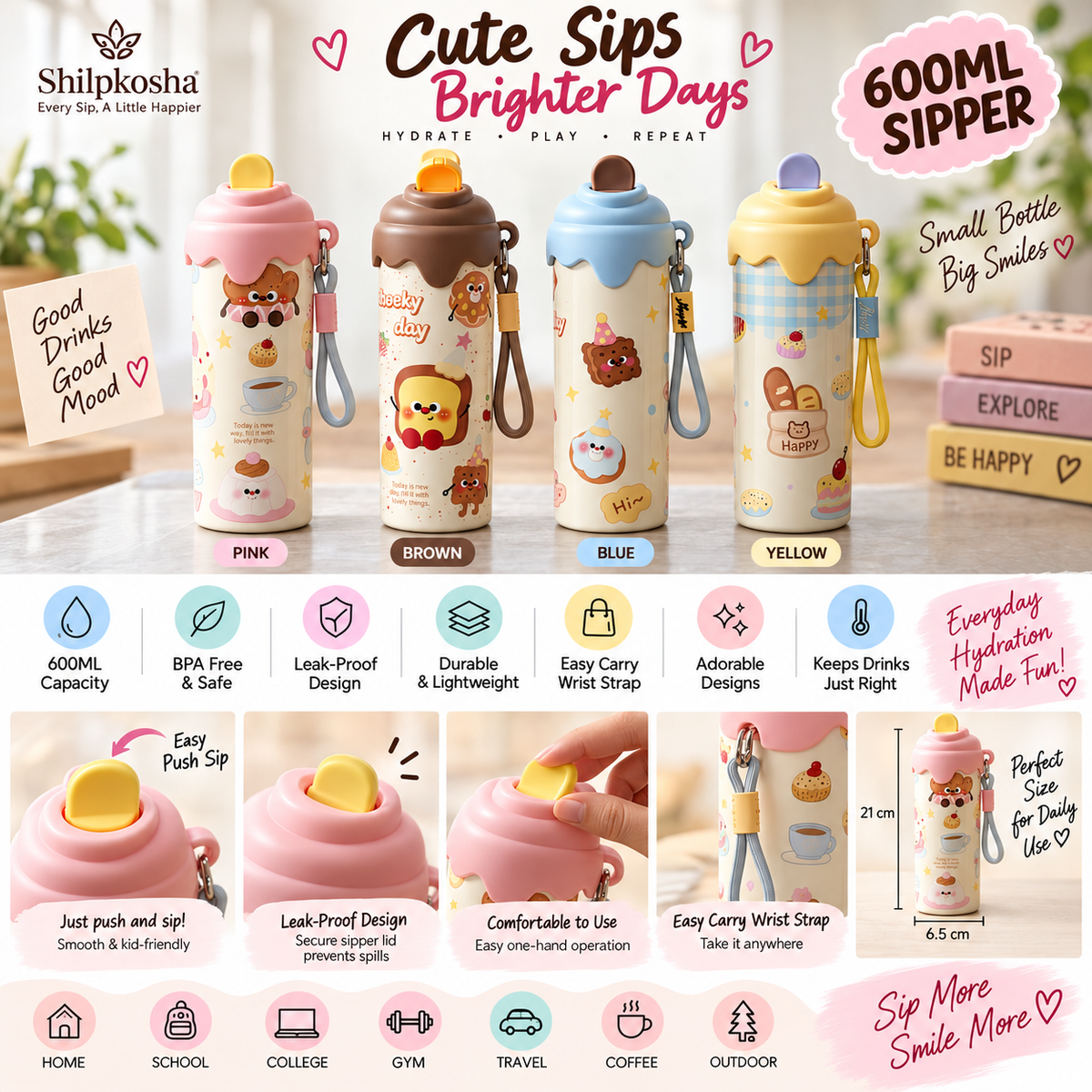 Cute Cartoon 600ml Water Bottle with Straw Lid & Strap