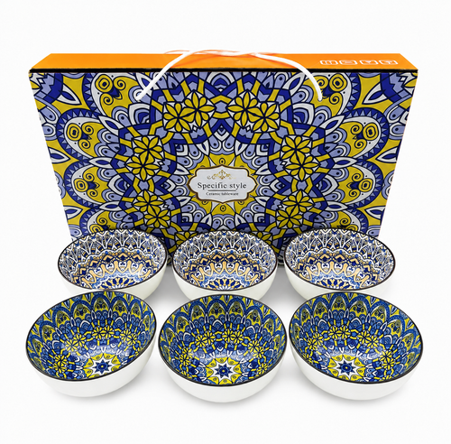Set of six decorative bowls with a matching box featuring a blue and yellow pattern.