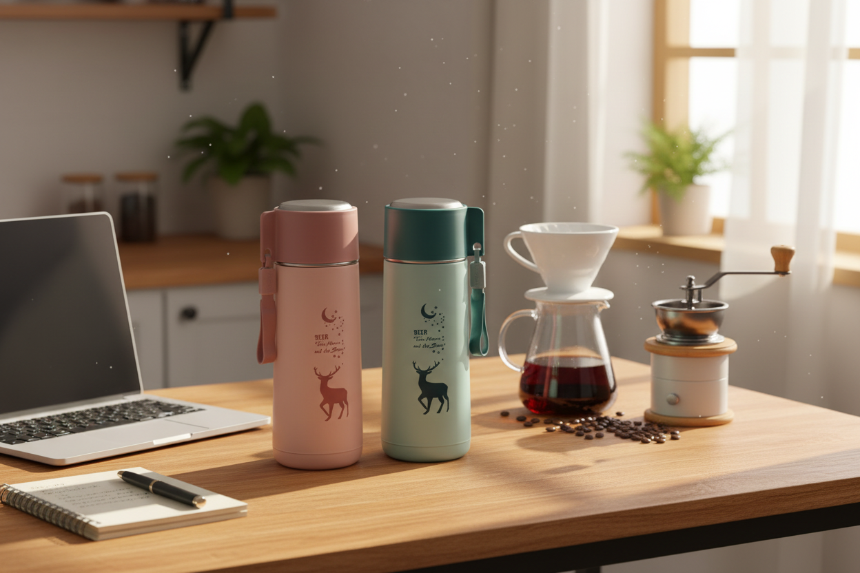 Four insulated cups with deer illustrations on a classroom table.