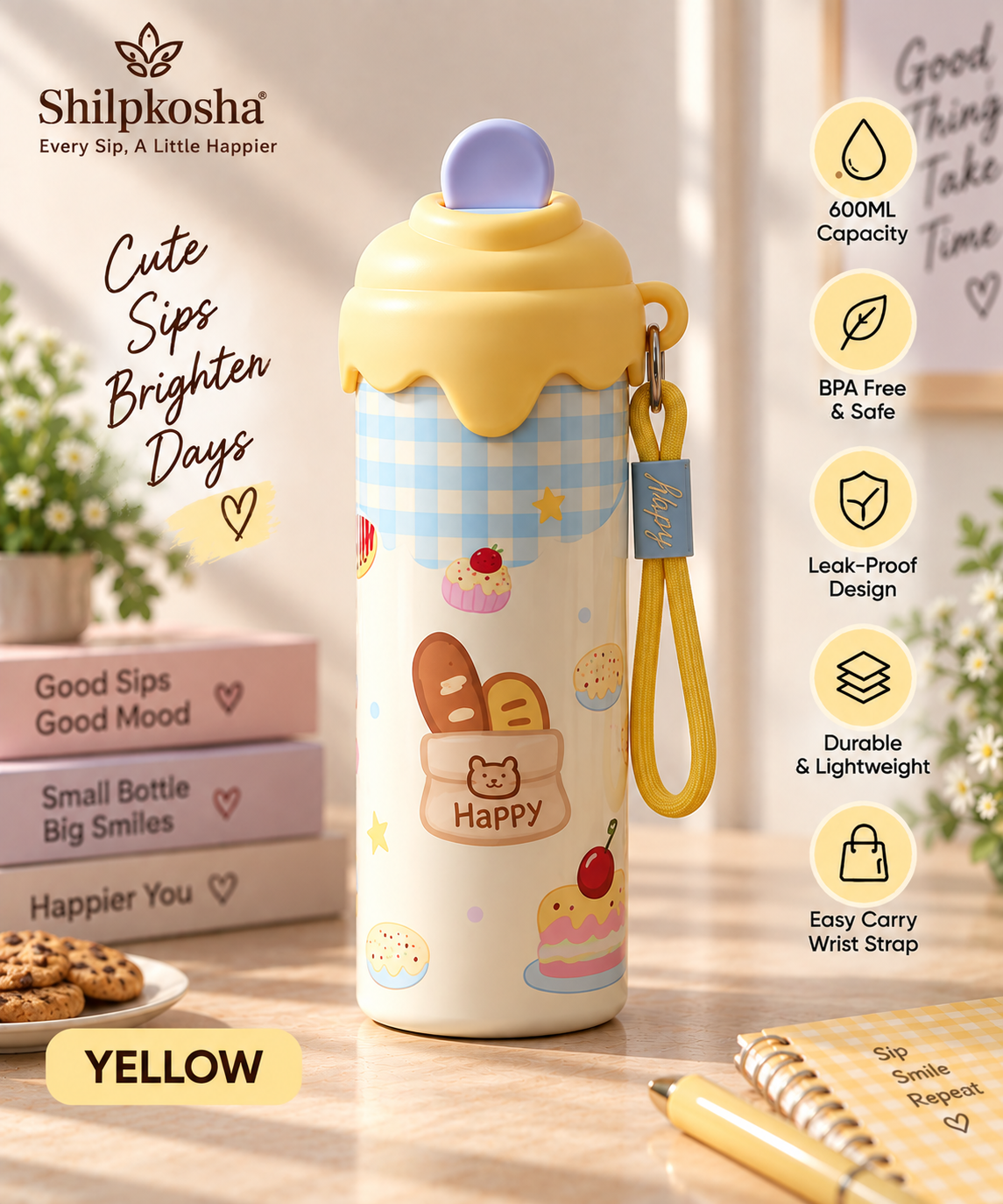 Cute Cartoon 600ml Water Bottle with Straw Lid & Strap