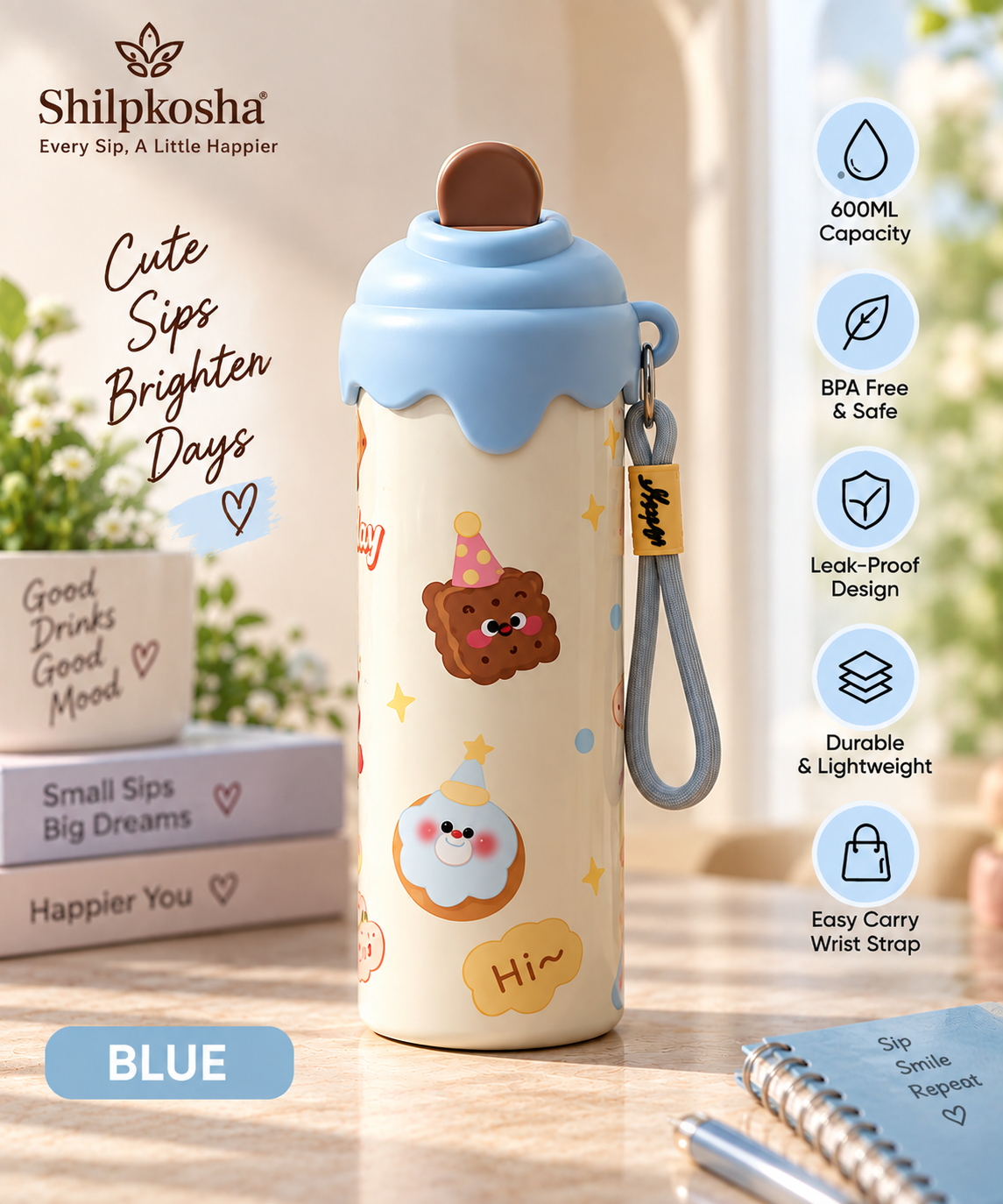 Cute Cartoon 600ml Water Bottle with Straw Lid & Strap