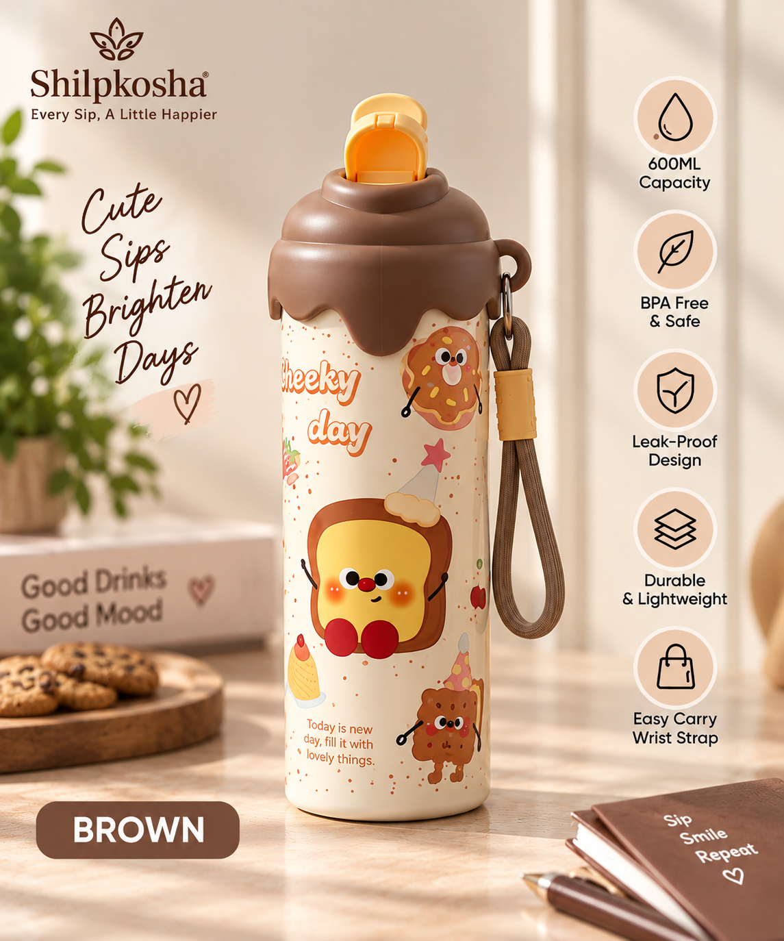 Cute Cartoon 600ml Water Bottle with Straw Lid & Strap