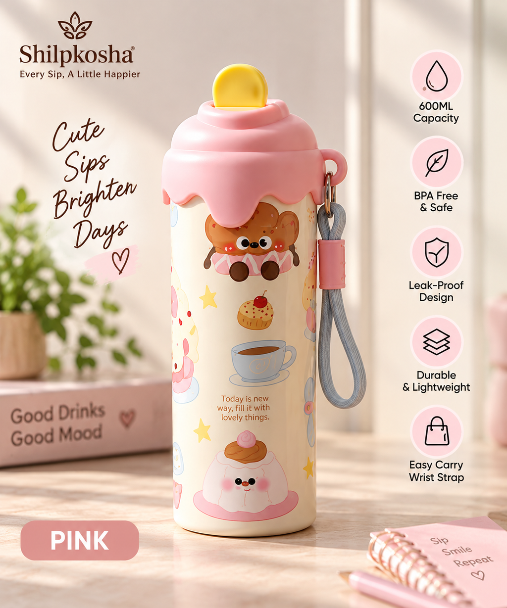 Cute Cartoon 600ml Water Bottle with Straw Lid & Strap