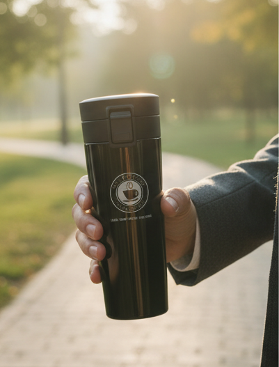 Collage of a white tumbler on a desk, a black tumbler held outdoors, and a pink tumbler in a car.