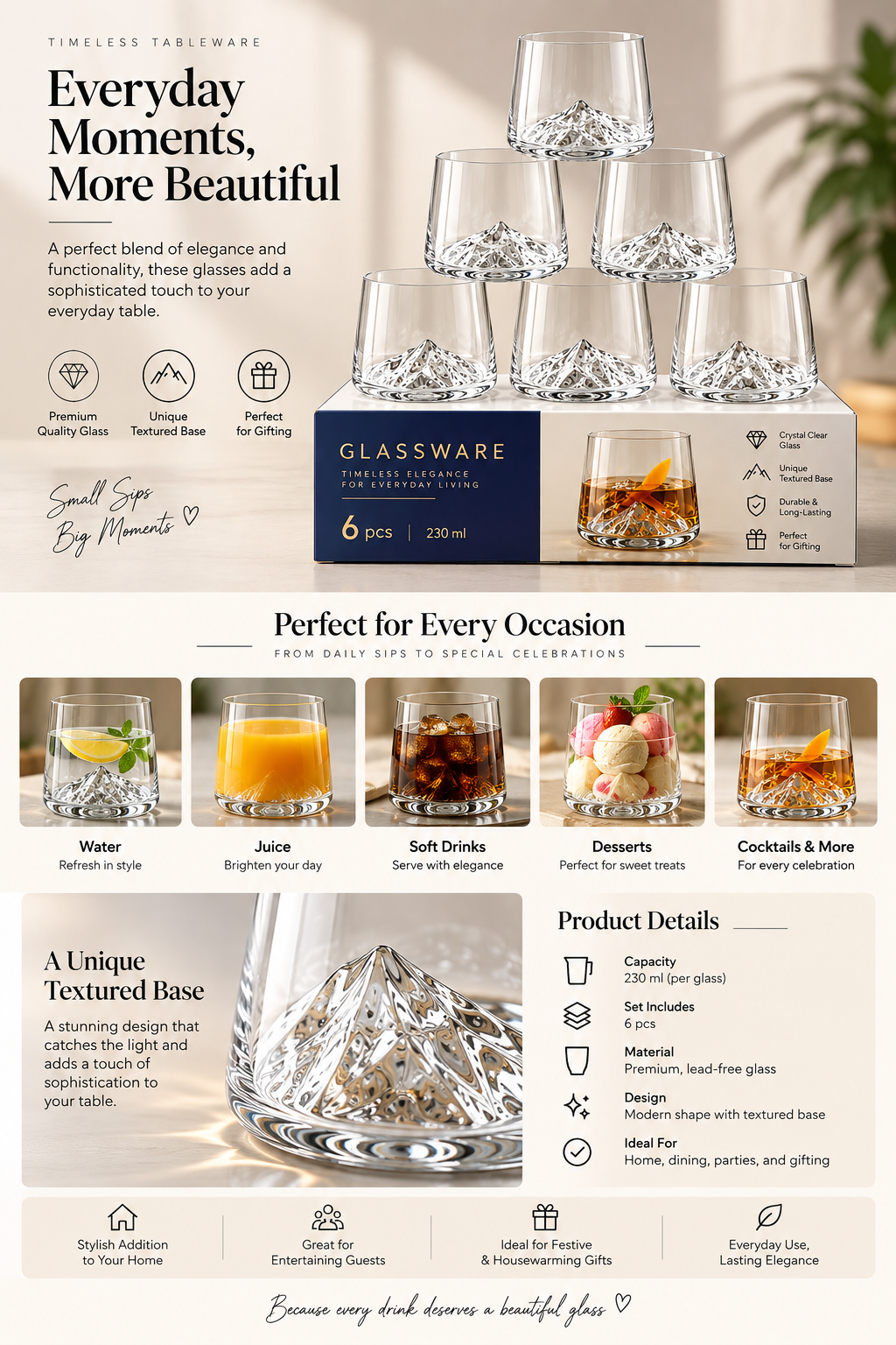 A promotional infographic for a 6-piece glassware set, showing the six textured lowball glasses, their navy and white retail box, and several drinking examples with water, juice, soft drinks, desserts, and cocktails. The layout includes marketing text, icons, and a large close-up of the glass base detail.