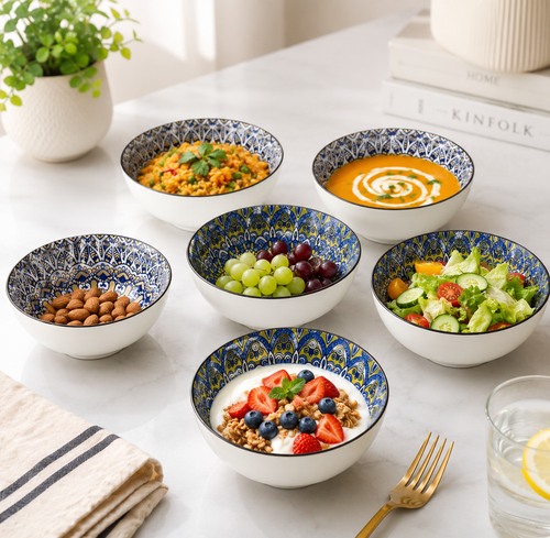 Set of decorative bowls with various contents on a table