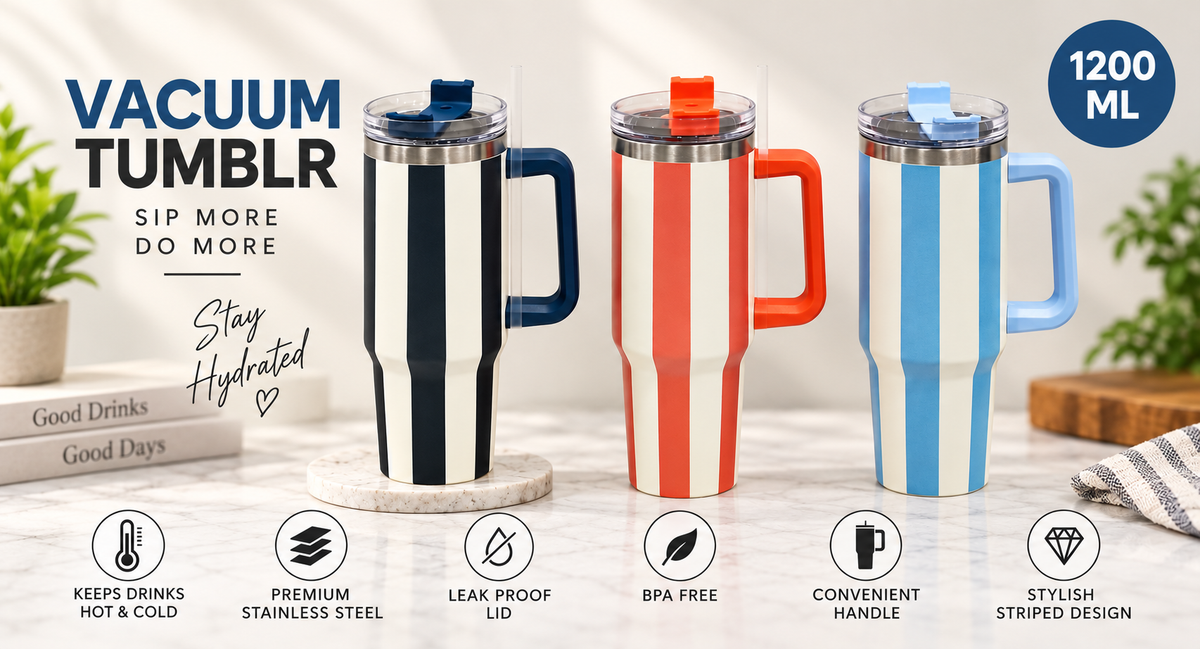 Three insulated stainless steel tumblers with striped designs are shown on a countertop in a styled setting. The left tumbler is black and white with a dark blue handle and lid, the middle tumbler is white and orange with an orange handle and lid, and the right tumbler is white and light blue with a blue handle and lid.