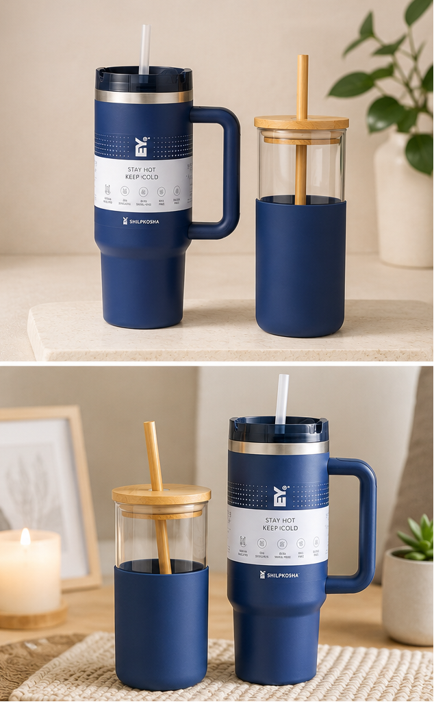 Set of blue tumblers with straws in a gift box, on a table with a plant.