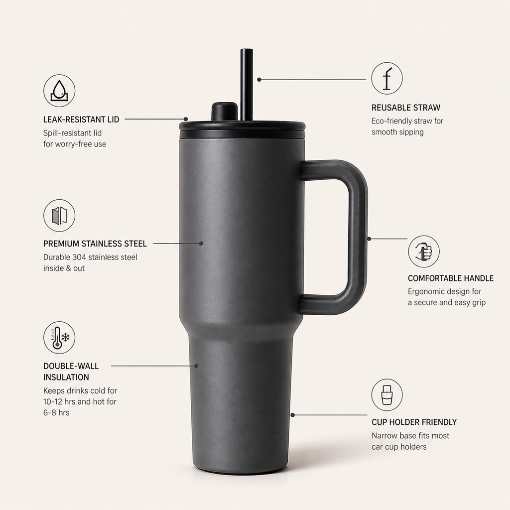 Black insulated tumbler with features highlighted on a white background