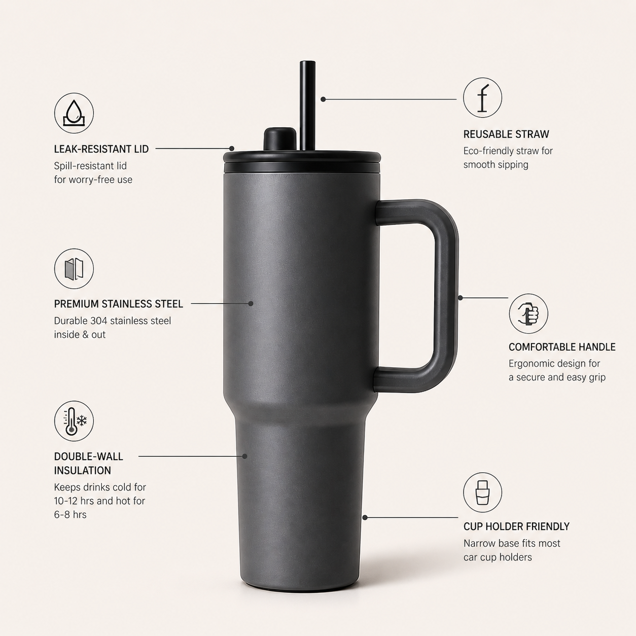Black insulated tumbler with features highlighted on a white background