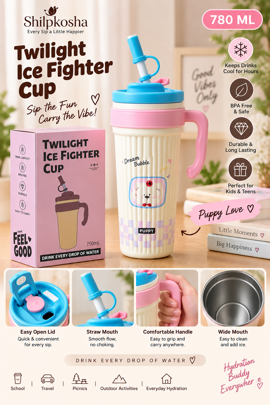 Twilight Ice Fighter Cup by Shipkosha, a 780 ml insulated water bottle with a pink handle, blue straw, and striped pastel body, shown with its pink packaging box and feature callout graphics.