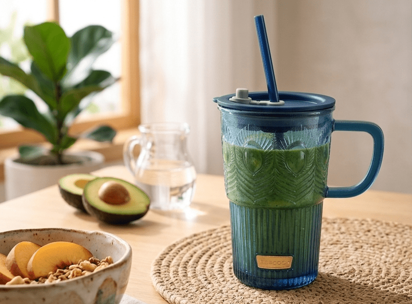Glass Tumbler with Straw & Lid – 420ml - Shilpkosha
