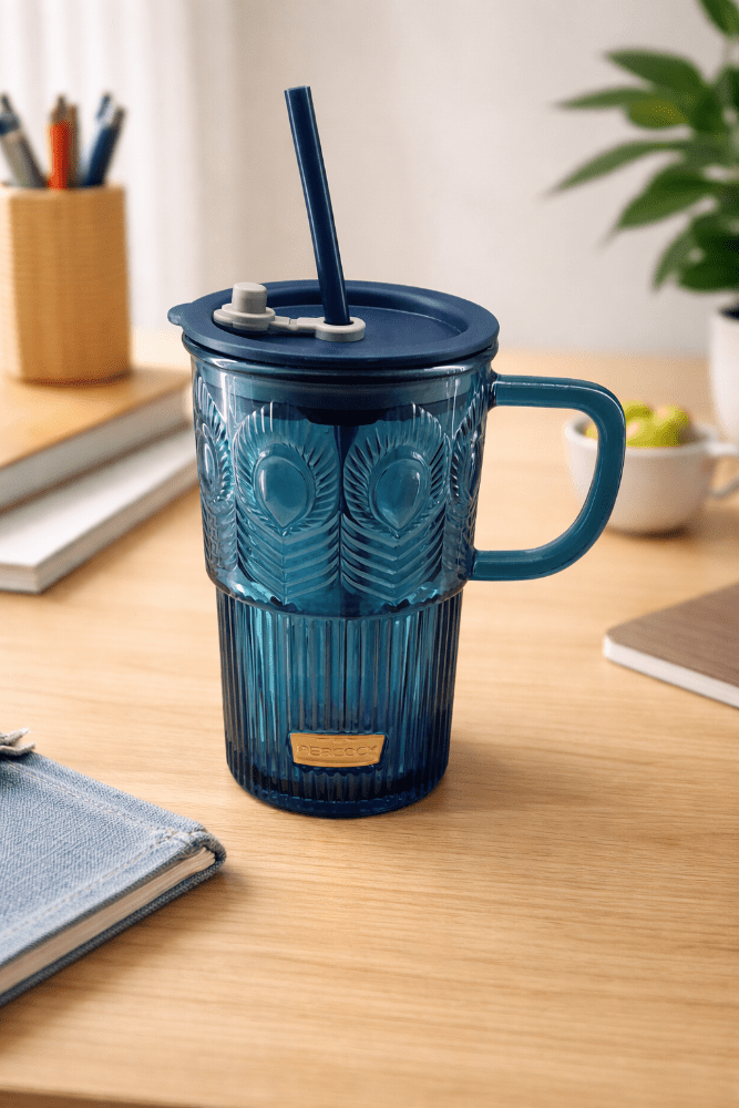Glass Tumbler with Straw & Lid – 420ml - Shilpkosha