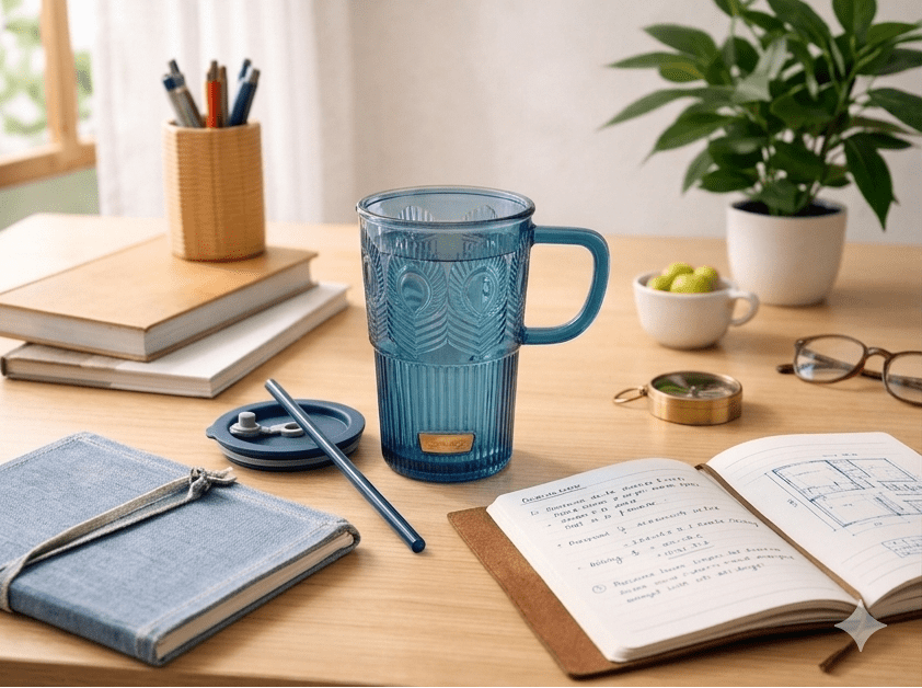 Glass Tumbler with Straw & Lid – 420ml - Shilpkosha