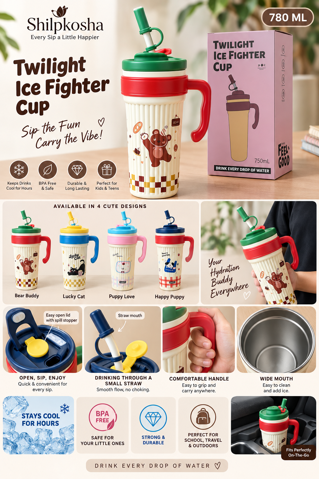 A promotional collage for the Shipkosha Twilight Ice Fighter Cup, showing the cup in multiple colors and cartoon designs, its pink box, and several feature callouts including BPA-free, leak-proof, double-walled, and comfortable handle.
