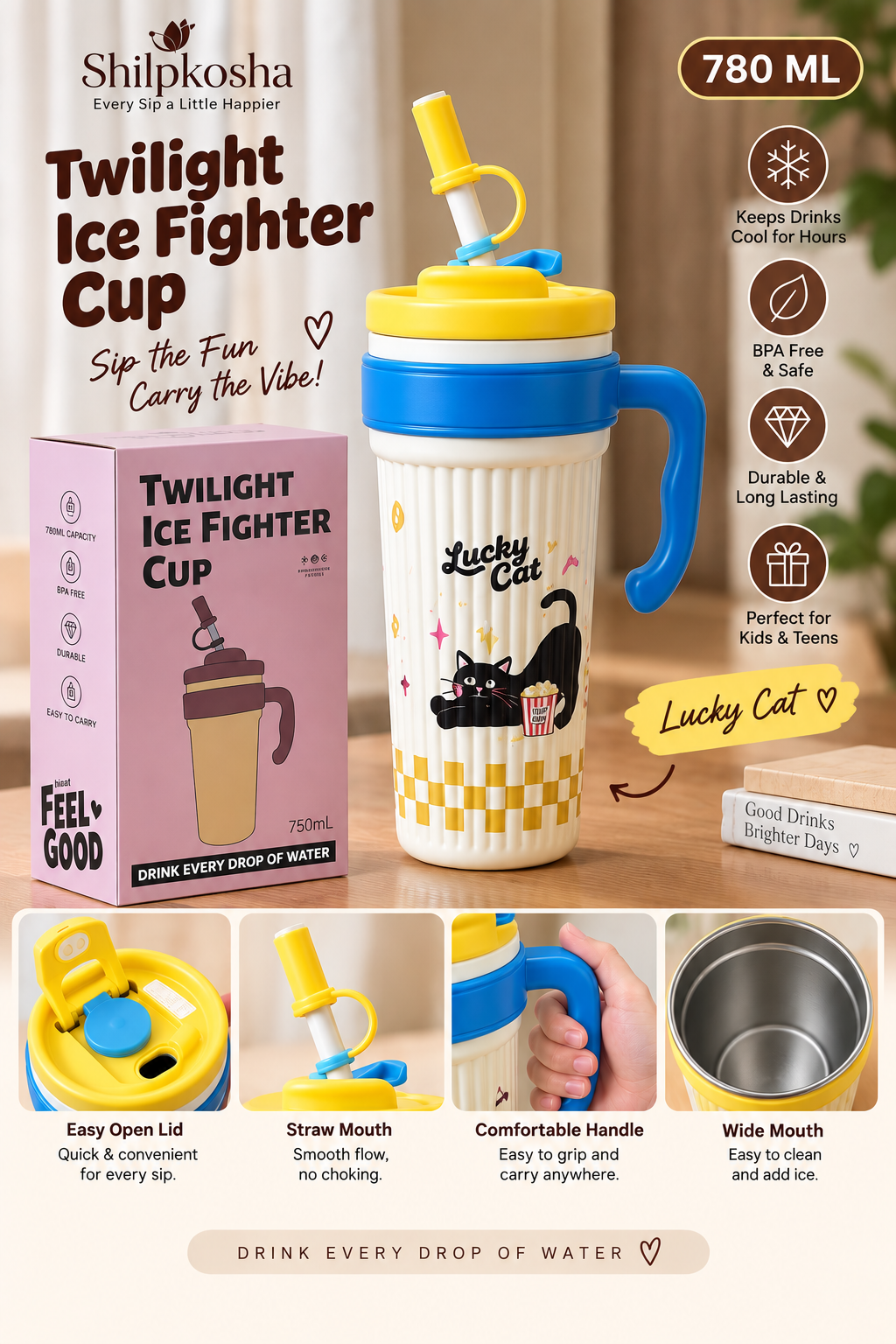 Twilight Ice Fighter Cup 780 ml insulated water bottle with a blue handle, yellow lid, and cat graphic, shown alongside its pink retail box and feature callout graphics on a warm beige background.