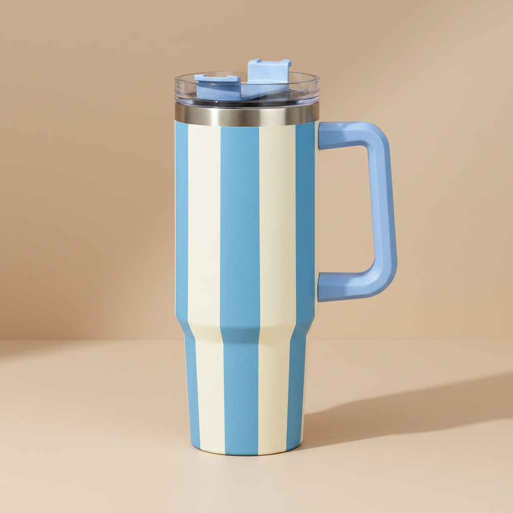 Blue Zebra StripeRush 1200 ML striped vacuum tumbler with handle and clear lid